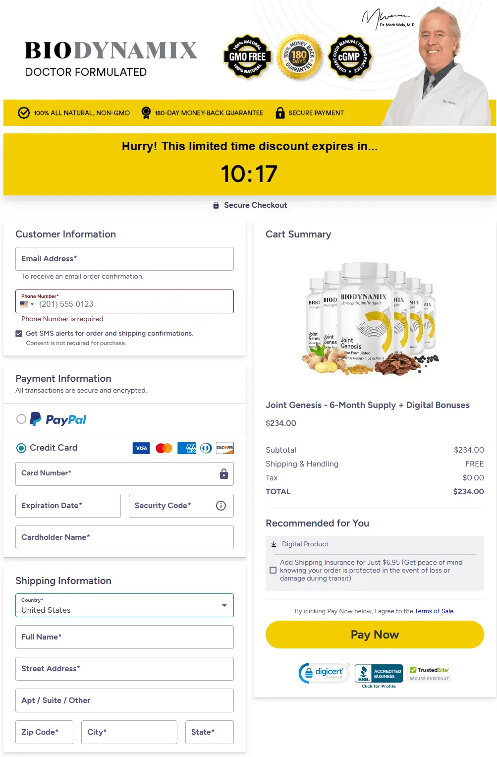 Secure Joint Genesis checkout page for placing your order